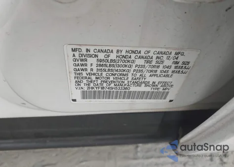 2005 Honda Pilot Ex-L z USA, uszkodzony, nr VIN 2HKYF18745H533360
